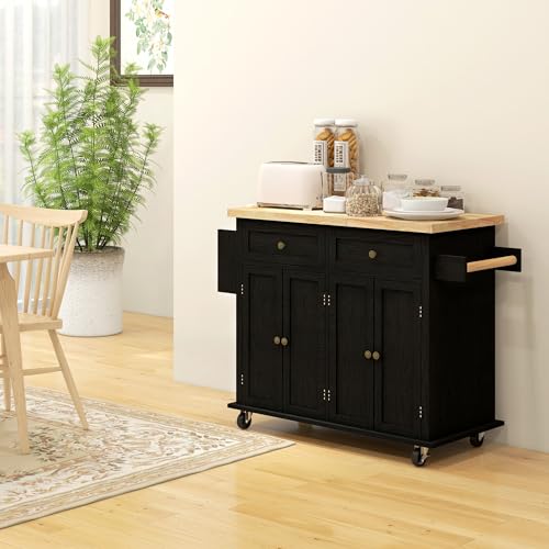 HOMCOM Kitchen Island on Wheels with Rubberwood Top, Navy Blue X7812