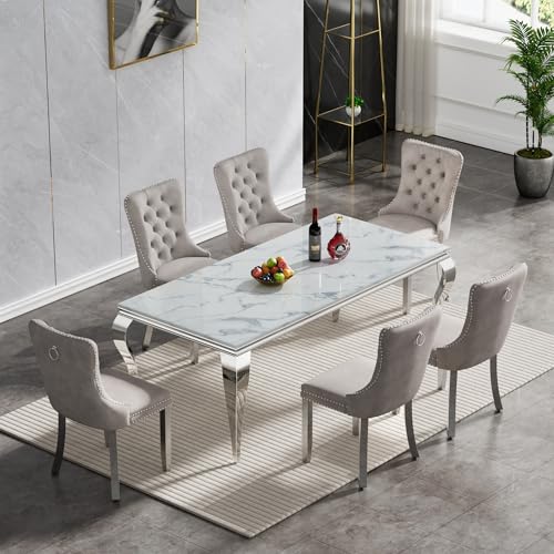 White Marble Dining Table Set for 6 with Grey Velvet Chairs K4531