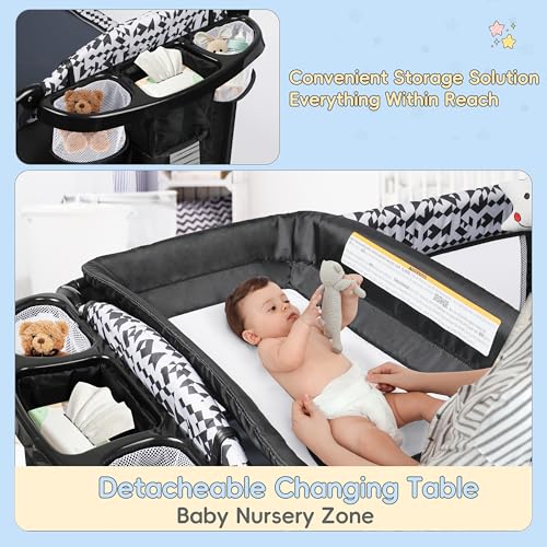 Xilingol 5-in-1 Pack and Play, Baby Bassinet Bedside Sleeper with Diaper Changer & Music Box N3018