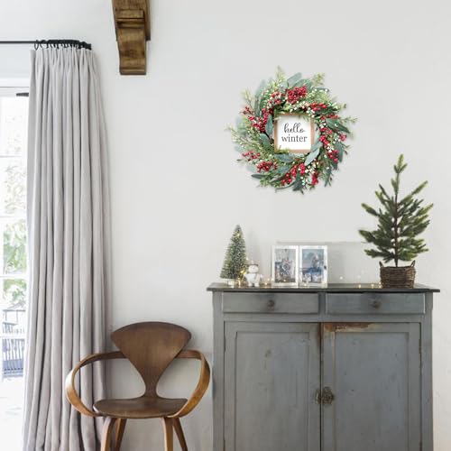 TEMPUS Christmas Wreath 20" Red Berries with Hello Winter Sign C803