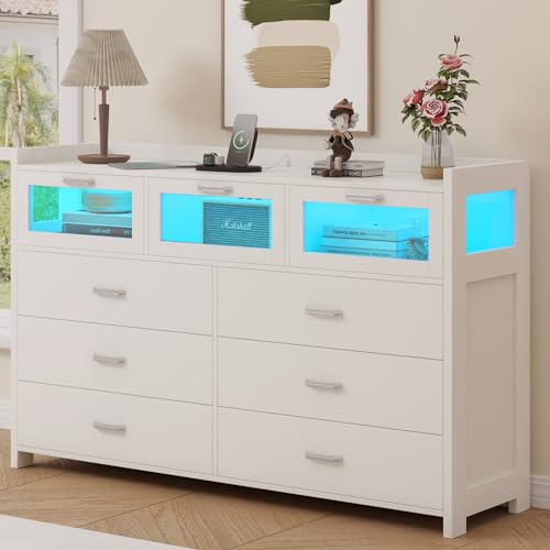 Black Dresser with 9 Drawers, LED Lights and Charging Station X1464