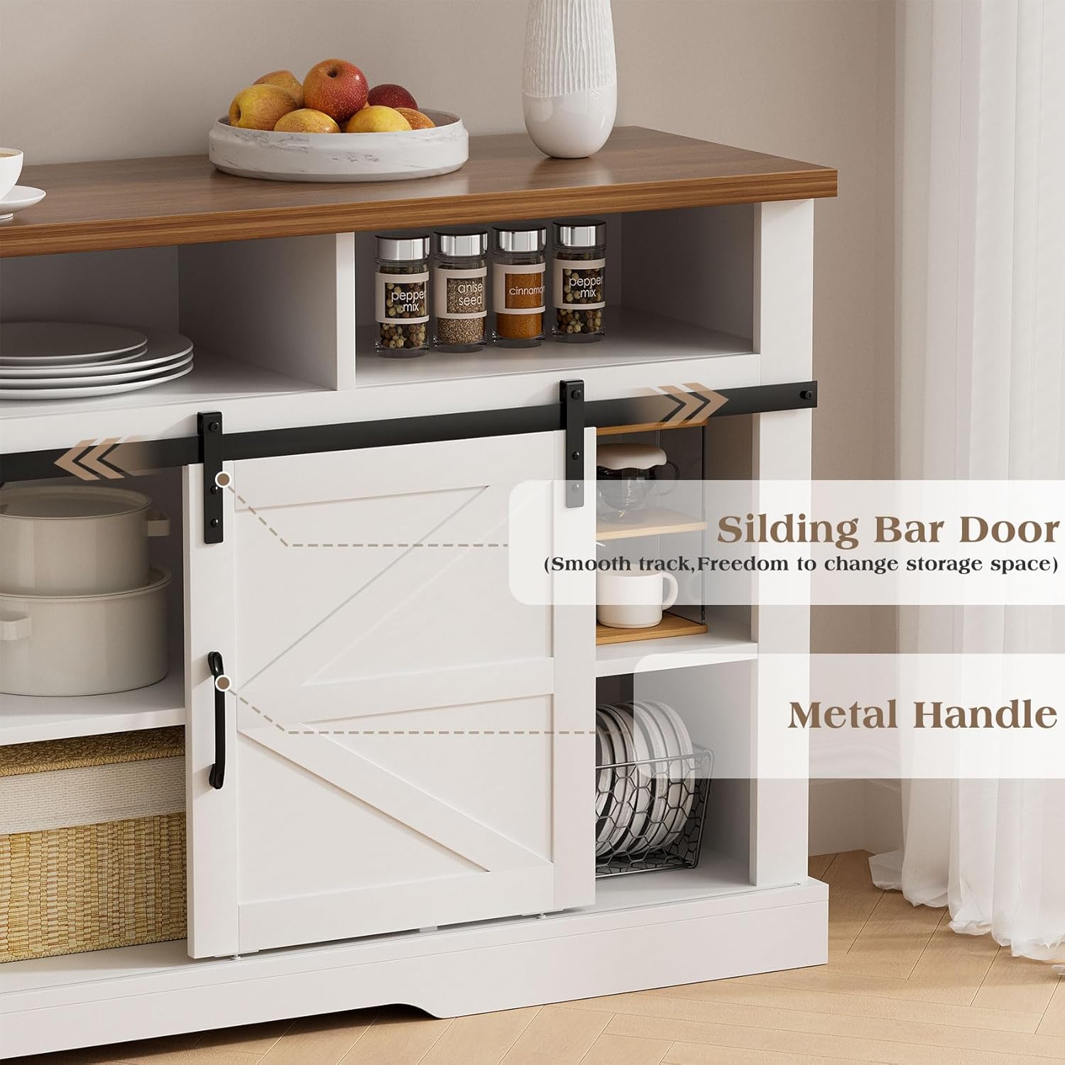 Farmhouse Coffee Bar Cabinet with Sliding Barn Door, White H579601