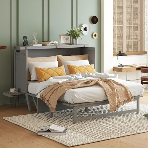 KEIKI Queen Size Murphy Bed with Charging Station and Drawer, Walnut B45816