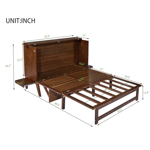 KEIKI Queen Size Murphy Bed with Charging Station and Drawer, Walnut B45816