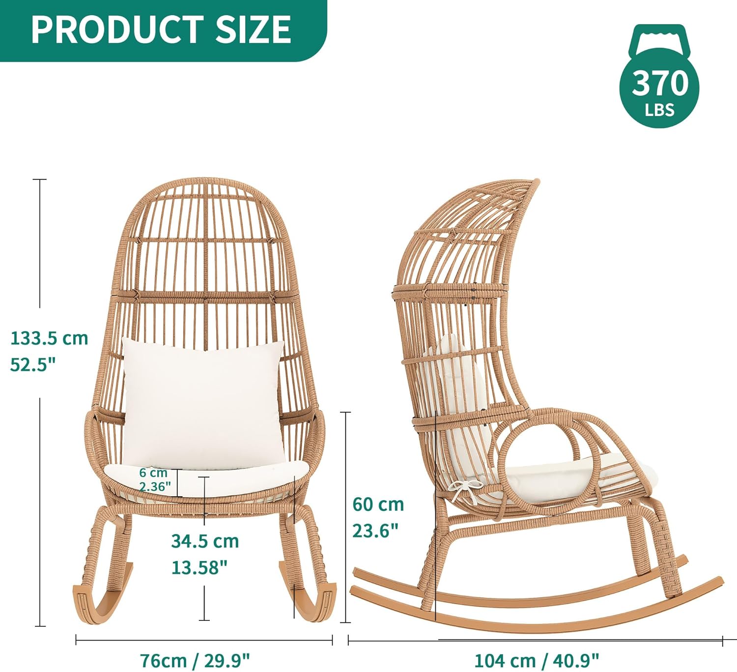 YITAHOME Rocking Egg Chair Outdoor Wicker Patio Basket Chair, Beige P1556