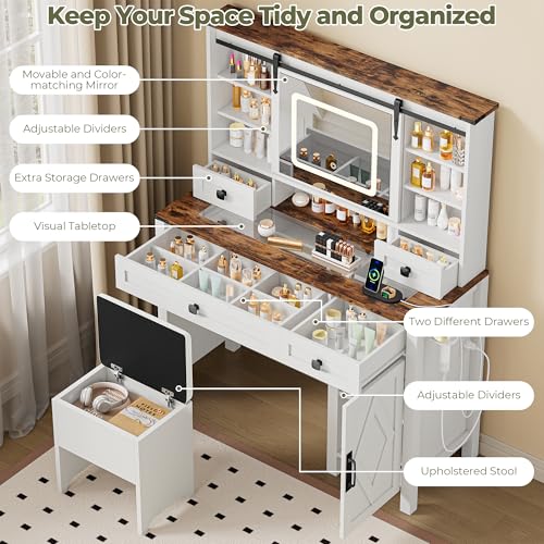 IRONCK Farmhouse Vanity Desk with Sliding Mirror & Lights, Glass Top, 4 Drawers & Stool F993