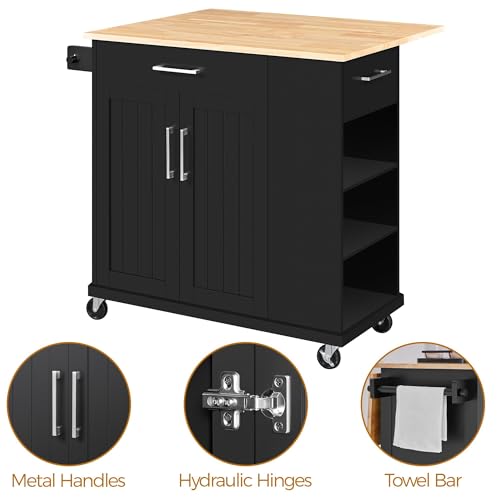 Yaheetech Rolling Kitchen Island Cart with Drop Leaf, Rubberwood Breakfast Bar with Storage V538