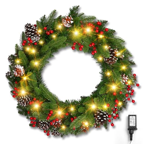 Brightown 24 Inch Pre-Lit Artificial Christmas Wreath with Pine Cones & Berries L37024