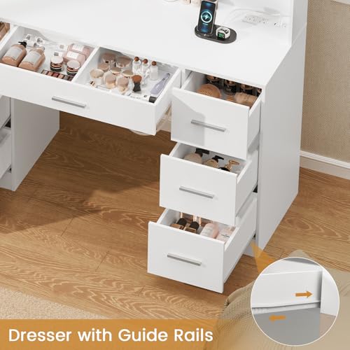Quimoo Large Vanity Desk with LED Mirror & Power Outlet, White L335