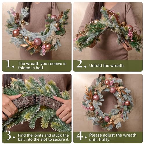 DecorbyHannah 24" Pre-Lit Pink Christmas Wreath with Ornaments Z91208
