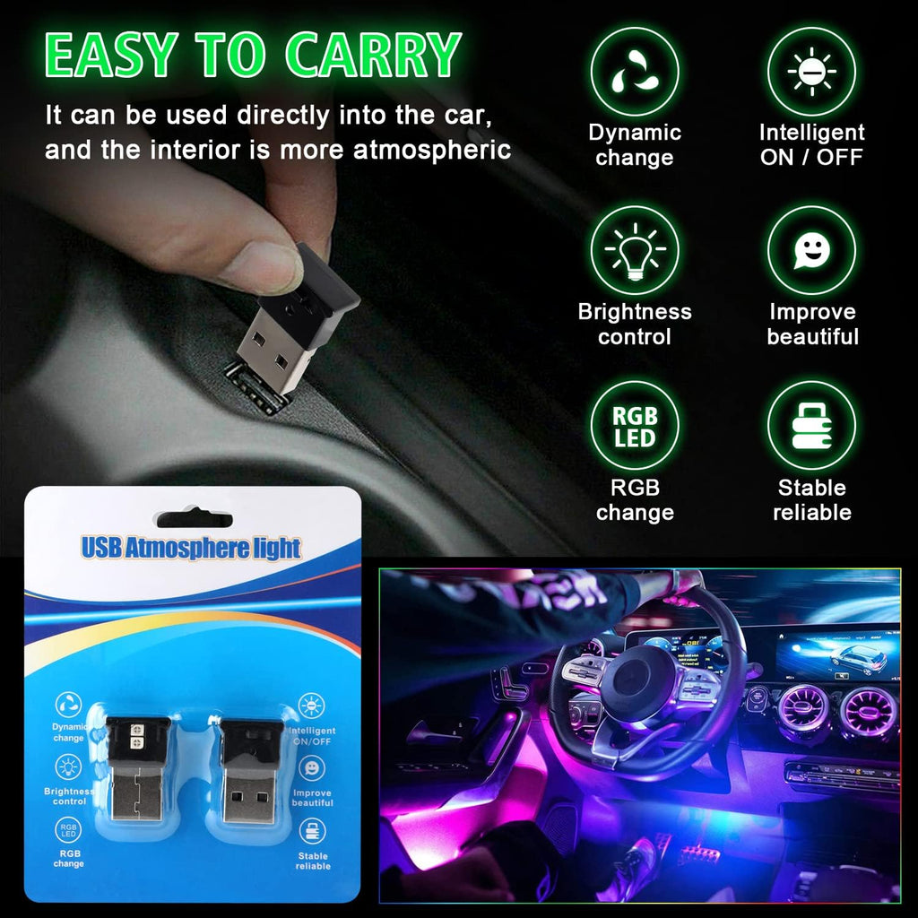 Ouzorp 4 Pcs Mini USB LED Light, RGB Car Interior Lighting with Adjustable Brightness H70931