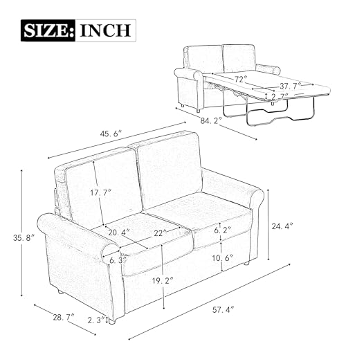 57.4" Pull Out Sofa Bed with Twin Mattress Pad, Gray G3218