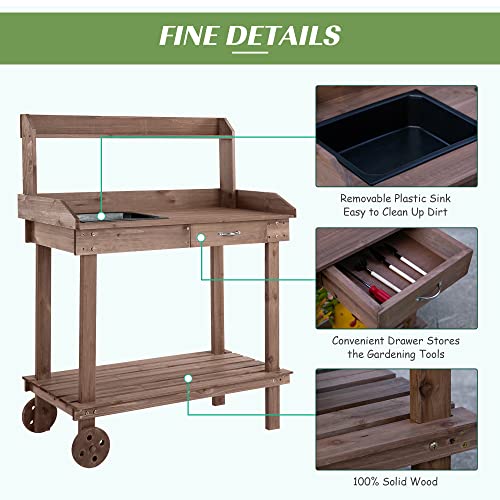 Outsunny 36" Wooden Potting Bench Work Table with Sink and Storage, Brown O683