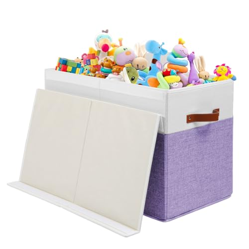 Large Toy Storage Box with Lid and Dividers for Kids, Beige and White X95078