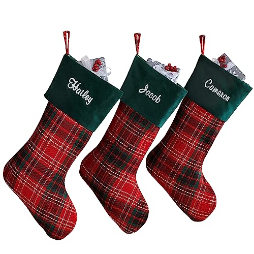 Personalization Universe Holiday Plaid Personalized Christmas Stocking, Emerald Green Velvet Cuff, Embroidered Name, Durable, 100% Polyester, 17" L x 7.5" W, Perfect Holiday Decor
