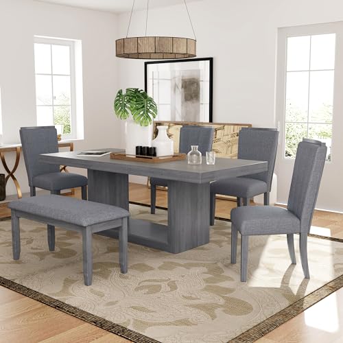 Merax 6-piece Dining Table Set of 4 Upholstered Chairs & 1 Bench Farmhouse Kitchen Furniture Sets with 78inch Extendable Pedestal, Removable Leaf & Natural Rubber Wood Grain Pattern Tabletop, Beige