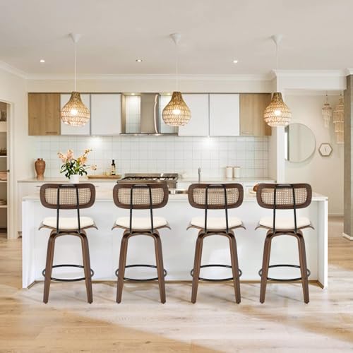 Rattan Bar Stools Set of 2, Counter Height, Swivel with Back, Beige B141