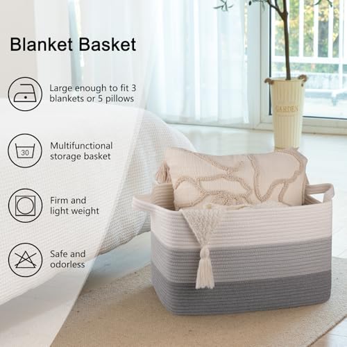 OIAHOMY Large Rectangle Woven Blanket Basket with Handle, Gradient Blue B58762