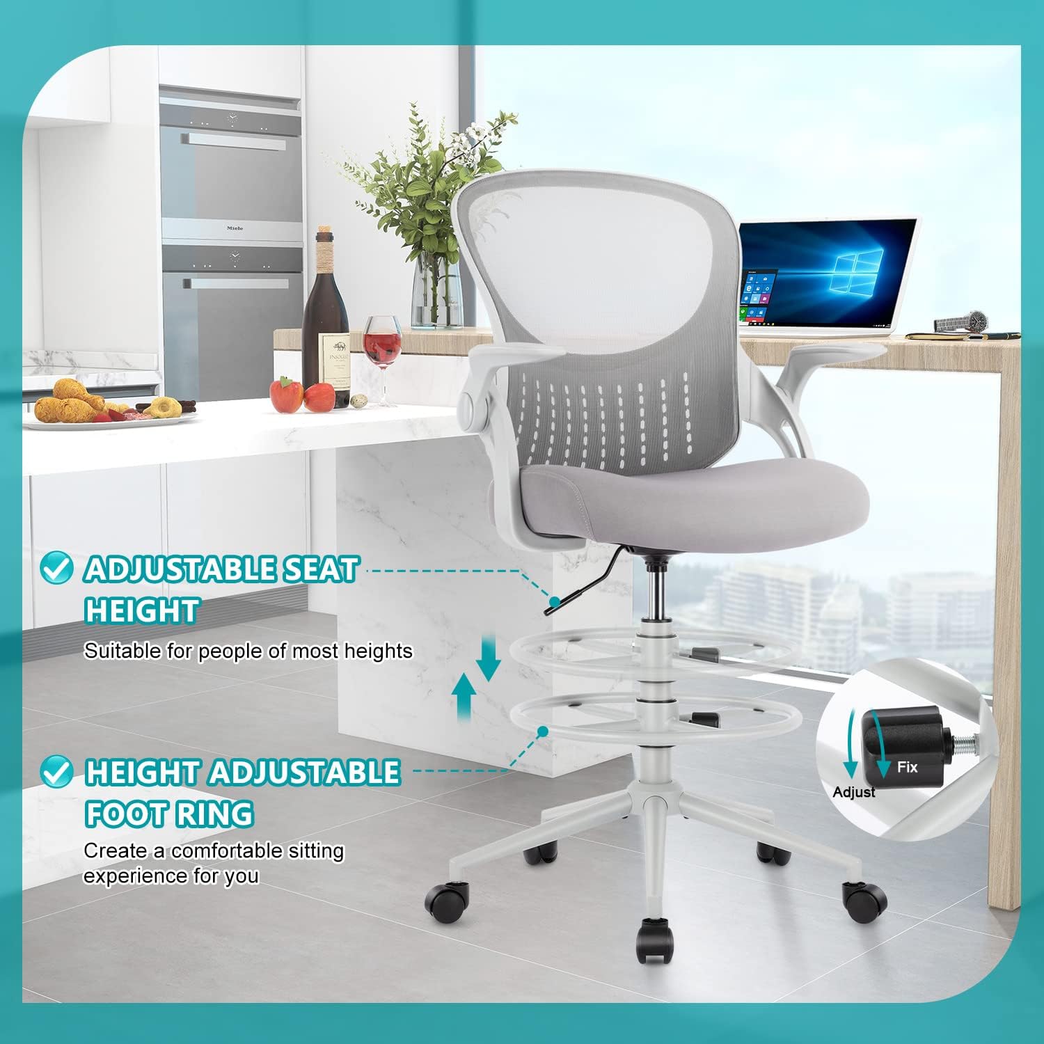 edx Drafting Chair Tall Office Chair with Flip-up Arms, Grey W57834