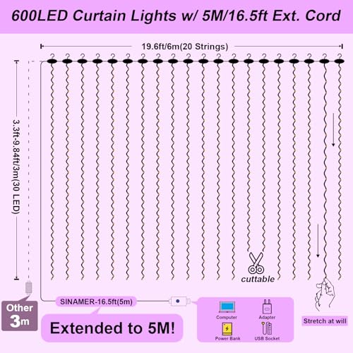 600LED Curtain Lights for Bedroom, Warm White, 8 Modes Y367582