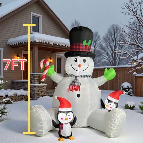 7 FT Inflatable Snowman with Penguins and LED Lights for Christmas Yard Decor F9702