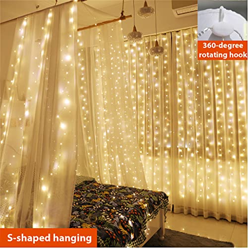 ZSJWL 2 Pack Curtain Lights, 300 LED Warm White with Remote, 9.8 × 9.8 Ft for Bedroom Window G2485