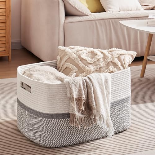 OIAHOMY Large Rectangle Woven Blanket Basket with Handle, Gradient Blue B58762