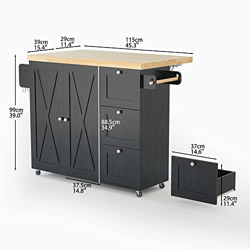 IRONCK Rolling Kitchen Island Cart with Drop-Leaf Countertop, Barn Door Style, Black G666768