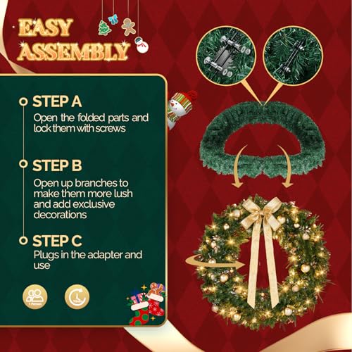 VINGLI 48 Inch Pre-lit Artificial Christmas Wreath with 150 LED Lights T885