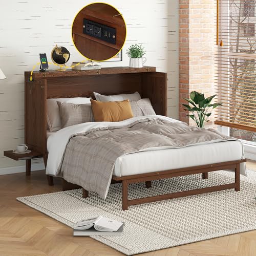 KEIKI Queen Size Murphy Bed with Charging Station and Drawer, Walnut B45816