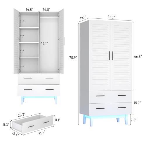 3 Door Armoire Wardrobe with Drawers and LED Lights, White S39322