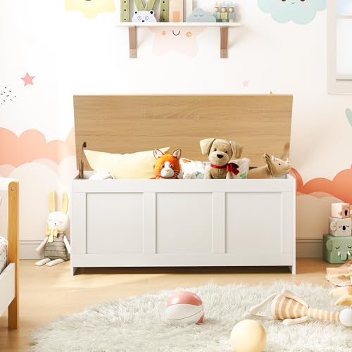 HOOBRO Storage Bench, 39.3" Retro Wooden Chest with Lift Top, White and Walnut C2921