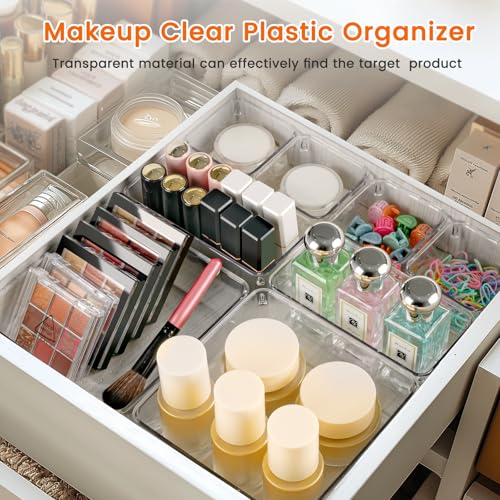 Criusia Drawer Organizer, 10 Pack Clear Plastic Storage Bins, 3 Sizes I166