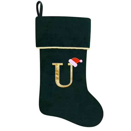 20 Inches Initial Monogram Blue Velvet Christmas Stocking with Gold Trim U394