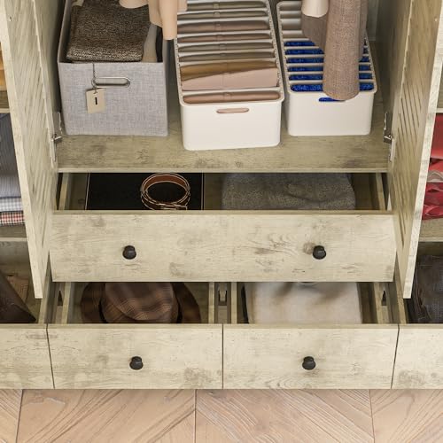 ECACAD Extra Tall Wardrobe Armoire with Top Cabinet, 10 Shelves, 4 Drawers, Hanging Rod, Light Brown E394971