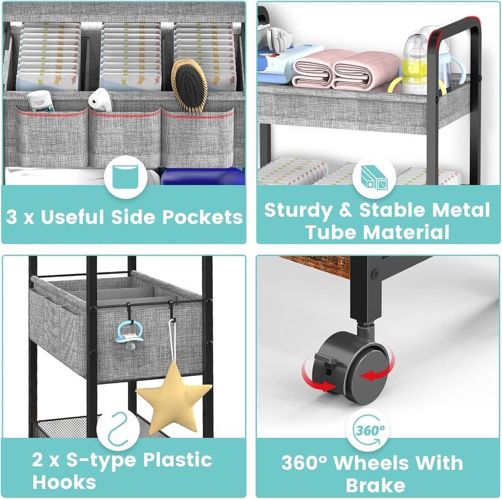 2-in-1 Baby Diaper Caddy & 3-Tier Rolling Cart with Dividers, Metal, Easy to Assemble W57587