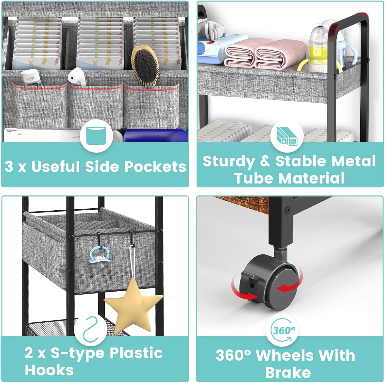 2-in-1 Baby Diaper Caddy & 3-Tier Rolling Cart with Dividers, Metal, Easy to Assemble W57587