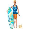 Barbie Ken Doll with Surfboard and Pet Puppy, Poseable Blonde Ken Beach Doll with Themed Accessories Like Towel, HPT50