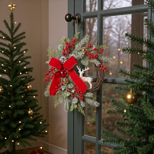 Christmas Wreath for Front Door with Red Bow and Golden Ball H285