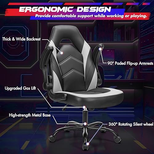 Sweetcrispy Ergonomic PU Leather Gaming Desk Chair with Flip-up Armrest, Black White C54485