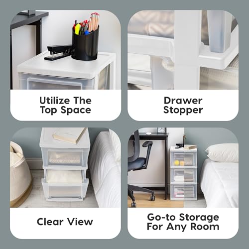 IRIS USA Plastic Drawer Storage Organizer, 3-Drawers, 2-Pack, Black/Clear J77123