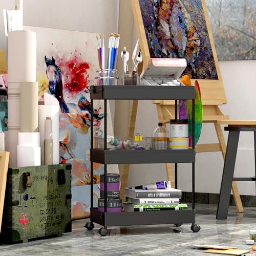 SPACEKEEPER 3 Tier Rolling Storage Cart, Black Q90327