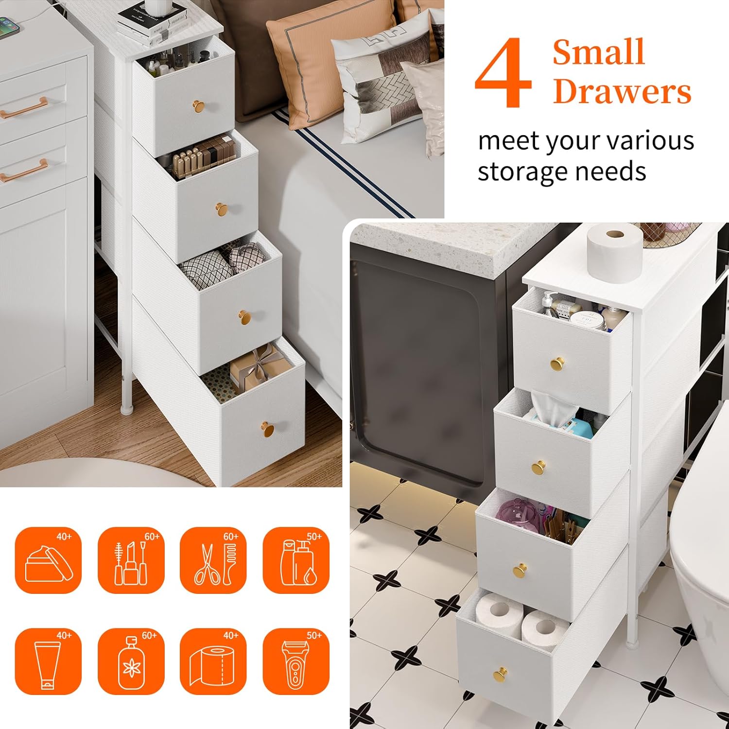Fixwal Narrow Storage Cabinet with 4 Drawers, White, Steel Frame J10025