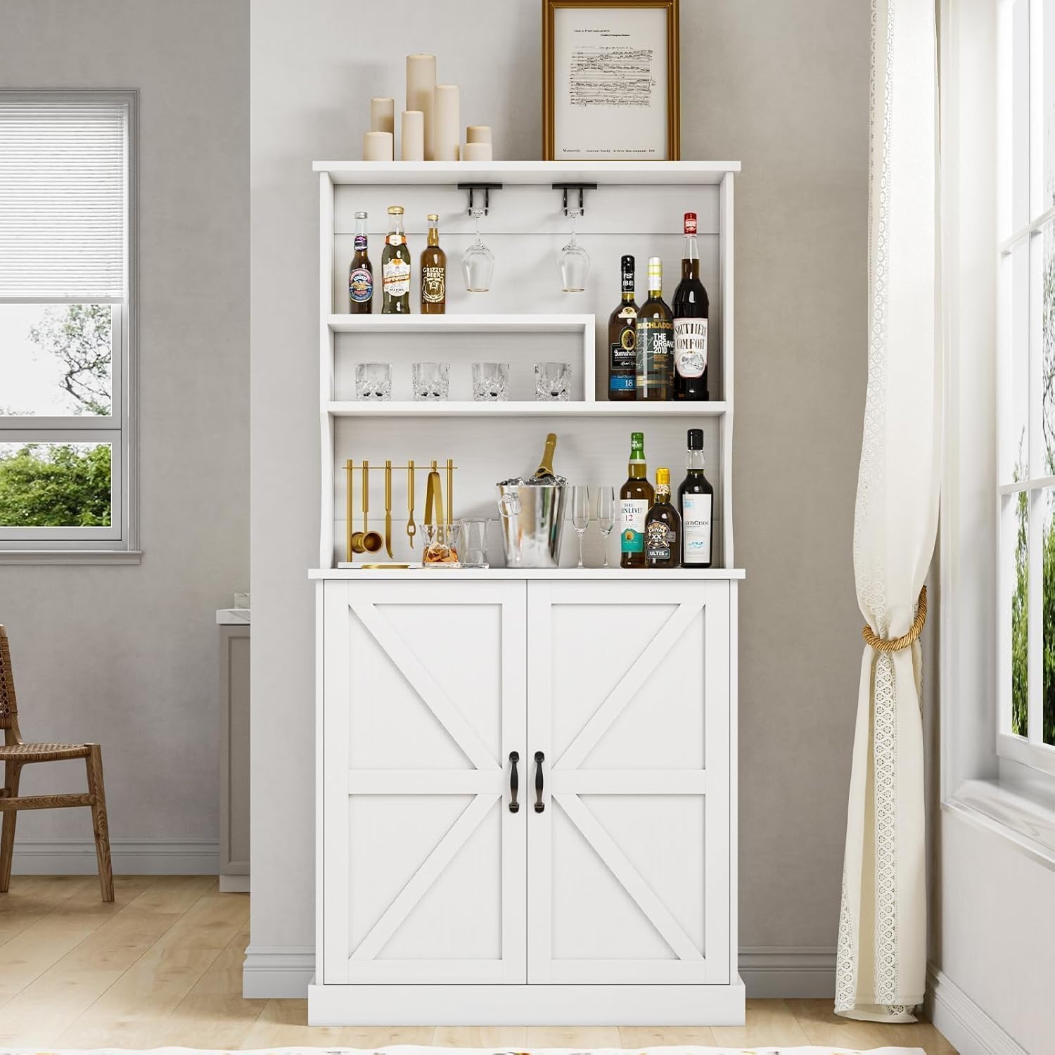 4 EVER WINNER Farmhouse Coffee Bar Cabinet with Hutch & Wine Rack, White U8140