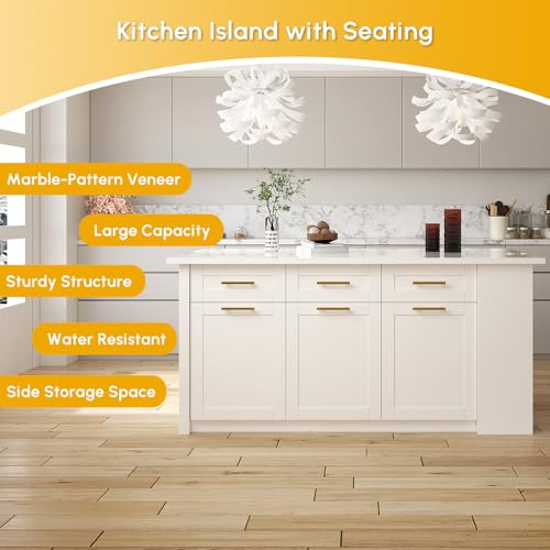 homary 72" Kitchen Island with Storage, White Dining Table with Seating & 3 Drawers H6352