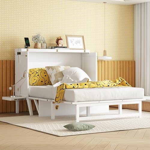 KEIKI Queen Size Murphy Bed with Charging Station and Drawer, Walnut B45816