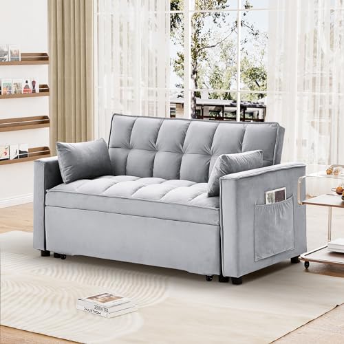 Velvet Convertible Sleeper Sofa Bed with Adjustable Backrest, Dark Grey E67840