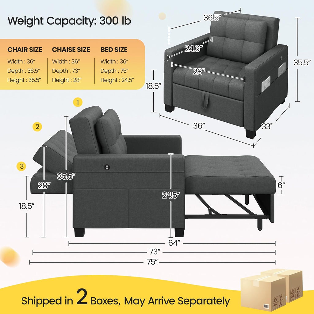 Yaheetech Convertible Chair Bed 3-in-1 Sleeper Sofa with USB Ports, Dark Gray D649285