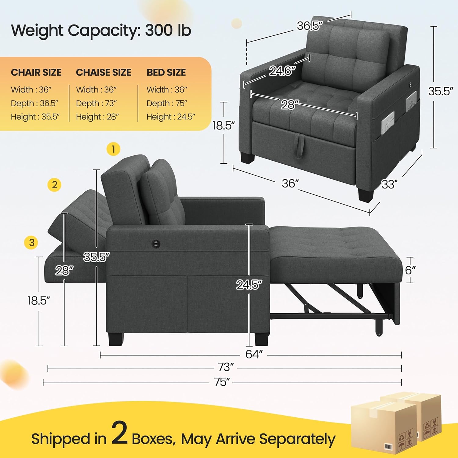 Yaheetech Convertible Chair Bed 3-in-1 Sleeper Sofa with USB Ports, Dark Gray D649285