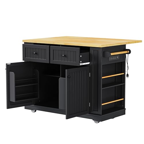 Ball & Cast 48" Kitchen Island with Power Outlet, Rolling Cart, Black H9509